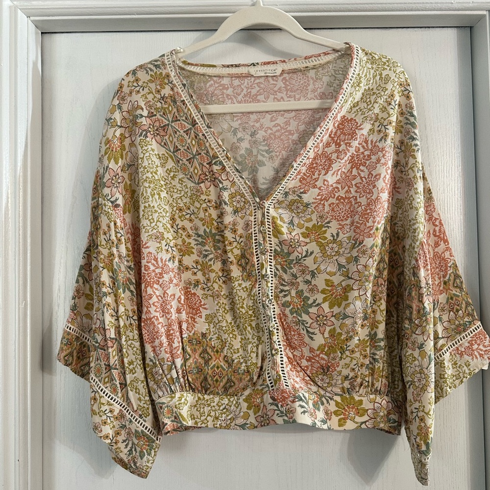 lovestitch Floral V-Neck Tunic in Cream, Pink and Green